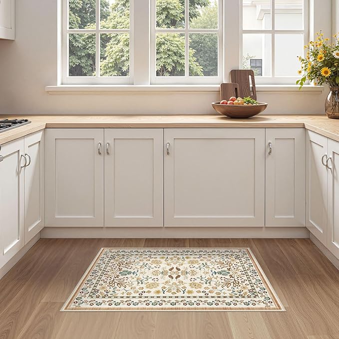 Door Mat Entrance Rug: 2x3 Washable Area Rug Boho Floral Small Rug - Non-Slip Low Pile Throw Indoor Carpet for Entryway Kitchen Front Door Bathroom Entry Kids Room - Brown