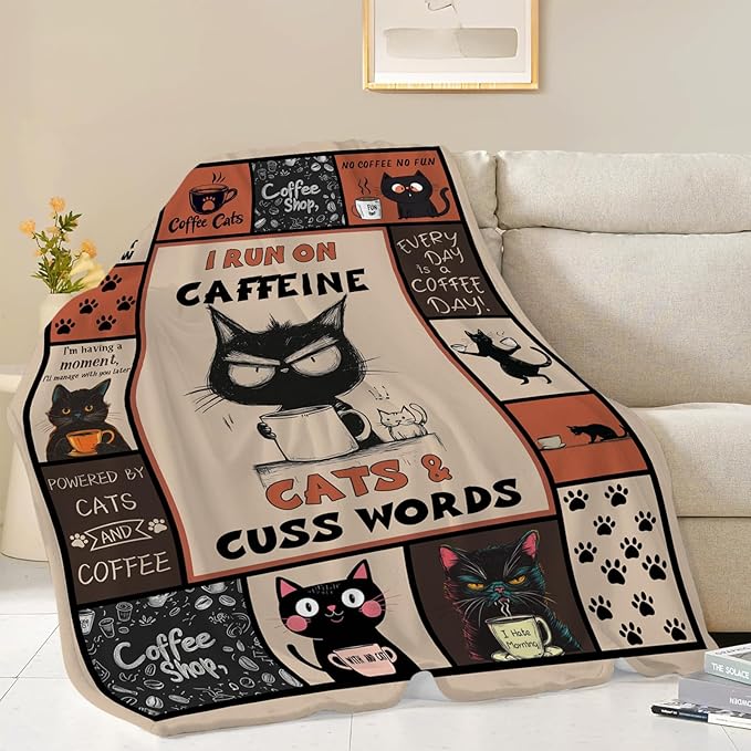 Coffee Blanket, Black Cat Coffee Throw Blanket, Cafe Gifts Blankets Stuff Fleece Flannel Plush for Girls Women Men Boys Lovers Adults Soft Bedding Gift for Sofa Bed Office Home Decor 40"X50"
