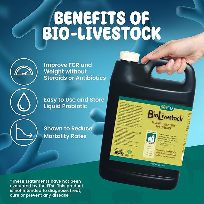 SCD Bio Livestock - Liquid Probiotic Feed & Water Additive, Organic Digestive Supplement for Cows, Pigs, Horses, Chickens, Ducks, Rabbits by SCD Probiotics - 1 Liter (4 Pack)