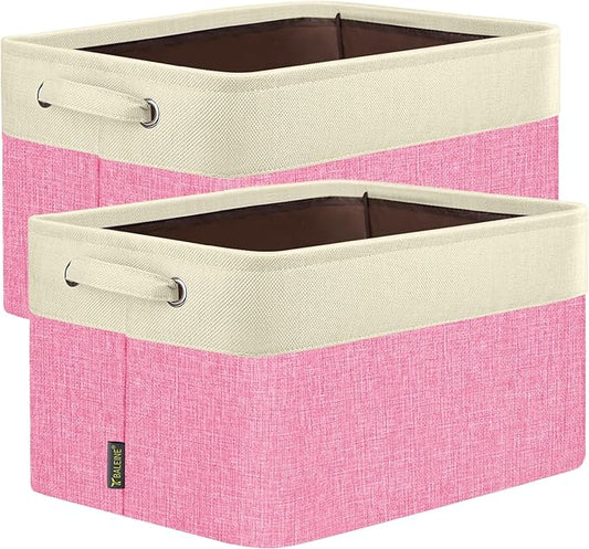BALEINE 2 Pack Fabric Storage Bins for Shelves, Linen Storage Baskets for Organizing, Decorative Closet Bins for Clothes, Home (Pink, 17''x13''x10.5'')