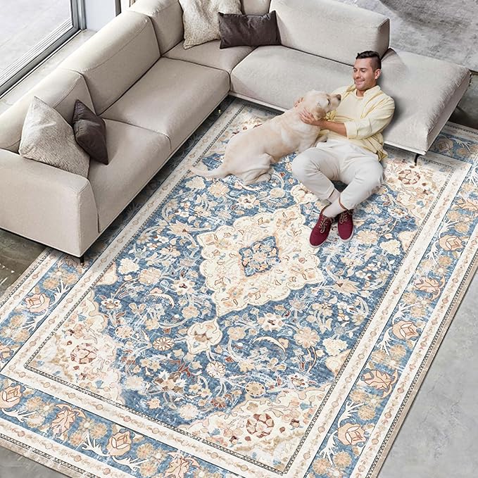 Vhong Boho Area Rugs Vintage Washable Modern Neutral Large Carpet Blue 8×10 High Traffic Rugs for Dinning Room Living Room Bedroom Farmhouse Non Slip