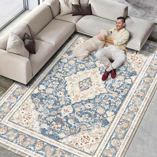 Vhong Boho Area Rugs Washable Vintage Modern Neutral Large Carpet Blue 5×7 High Traffic Rugs for Dinning Room Living Room Bedroom Farmhouse Non Slip