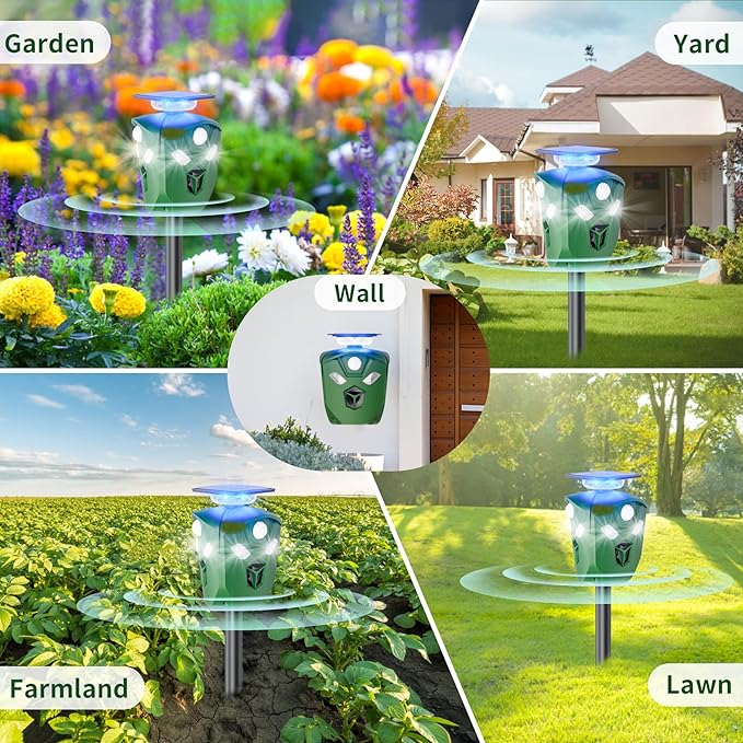 Solar Ultrasonic Animal Repeller Outdoor, 360° All Round Cat Deterrent Outdoor with 6 Flashing Lights and 3 PIR Sensors, Deer Repellent for Repelling Sankes, Raccoons, Cats, Dogs