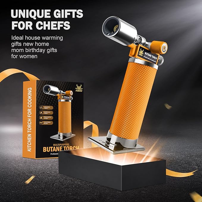 RAVS Butane Torch Lighter, Creme Brulee Torch with Adjustable Flame, Kitchen Torch for Baking, BBQ, DIY, Christmas Gifts Stocking Stuffers Gifts for Women, Orange, Butane Gas Not Included
