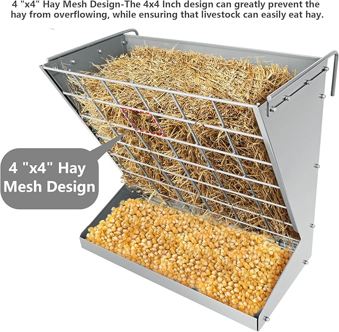 Wall Mount Hay Rack, Heavy-Duty Galvanized Metal 2 in 1 Hay and Grain Feeder, Livestock Feeder with Adjustable Distance, Hay Feeder for Goats, Sheep, Horse