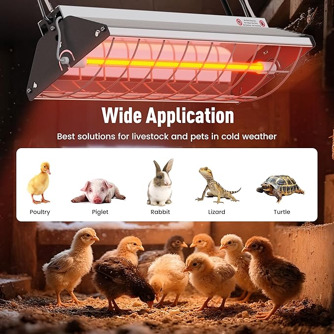 Chicken Coop Heater, Large Infrared Heat Lamp for Poultry, Livestock & Pets, Safe Chicken Brooder Heat Lamp, 2 Levels, 150-300W, Instant & Even Heating, Low Light, Adjustable Height, Silver