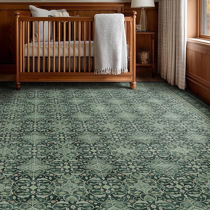Dark Green Vintage Living Room Rug 9x12, Boho Floral Moroccan Pattern Printed Large Area Rugs for Bedroom, Washable Non Slip Low Pile Thin Carpet Rug for Dining Room Under Table