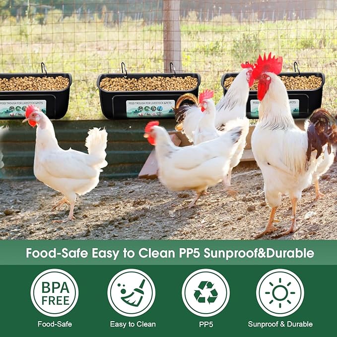 3 Pack Chicken Duck Feeder, Poultry Feeders and Waterers, Hanging Goat Feeder, Livestock Feeding Container, Feed Trough and Waterer Bucket with Clips(Black)