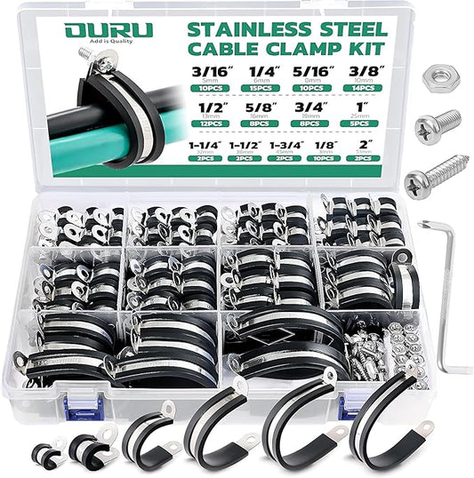 280PCS Cable Clamps with Screws Assortment Kit 304 Stainless Steel Rubber Cushioned Insulated Wire Pipe Clamps 13 Sizes—1/8" 3/16" 1/4" 5/16" 3/8" 1/2" 5/8" 3/4" 1" 1-1/4" 1-1/2" 1-3/4" 2”