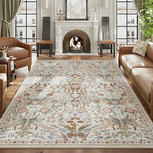 AMTOVO 6x9 Washable Area Rugs for Living Room, Non-Slip Large Soft Boho Floral Vintage Accent Print Carpet for Bedroom Dorm Nursery Room Dining Room Farmhouse Home Office, Beige