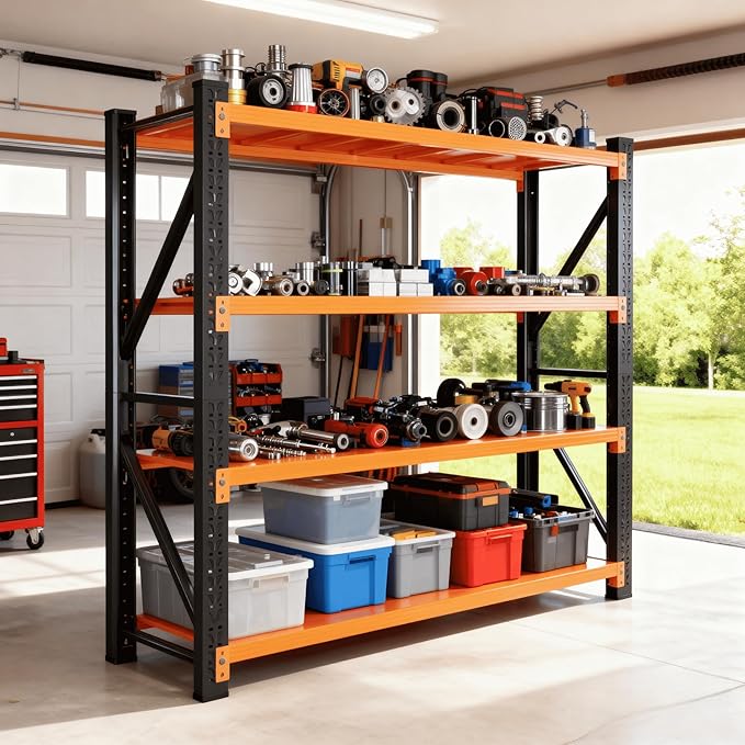 4-Tier Storage Shelves,79" H Heavy-Duty Garage Shelving Unit,Adjustable Metal Industrial Shelf System,3,500lbs Capacity,Tool Organizer for Garage,Workshop,48" W x 20" D x 79" H,Black&Orange