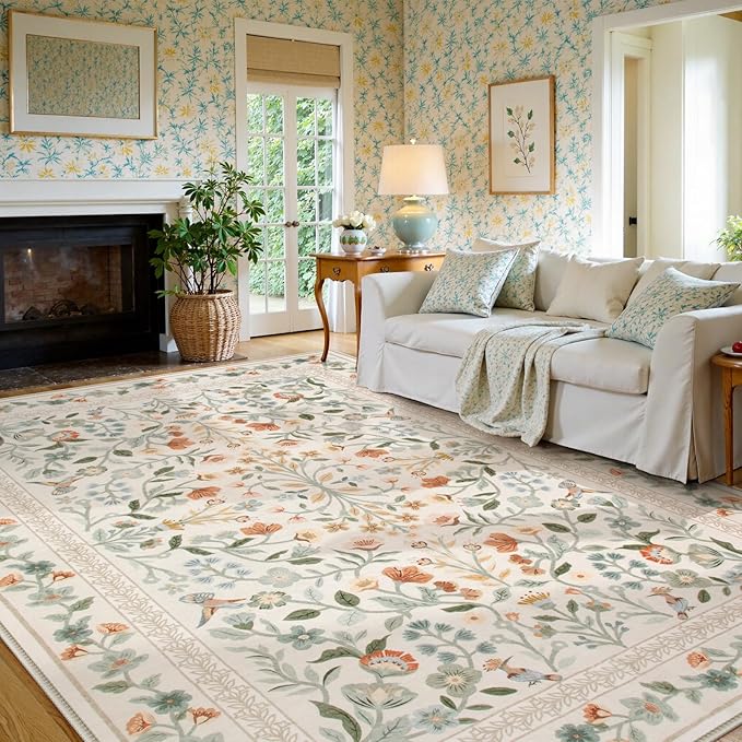 Lahome Floral Washable Area Rugs 8x10, Non-Slip Living Room Carpet Soft Tumble Washable Rugs for Bedroom Nursery, Vintage Botanical Print Carpet for Classroom Kids Room Dining Room, Beige