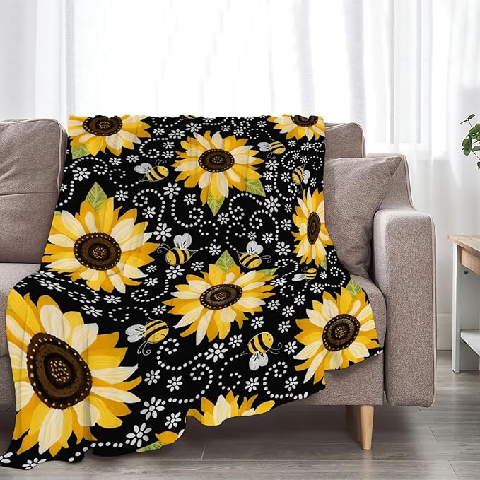 Sunflower Blanket Super Cozy Soft Sunflower Throw Blanket Gifts for Women Girls Warm Plush Fluffy Sunflower Bee Stuff Fleece Flannel Gift Blankets for Kids Adults 60"X50"