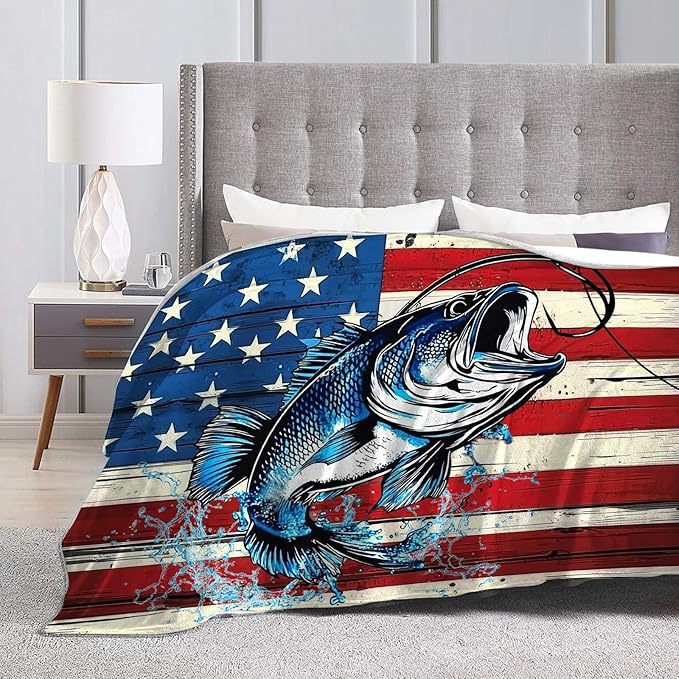 Bass Fish Blanket American Flag Fishing Throw Blankets Gifts for Girls Boys Kids Fishing Lover Soft Cozy Fleece Plush for Couch Sofa Bed 80"x60"