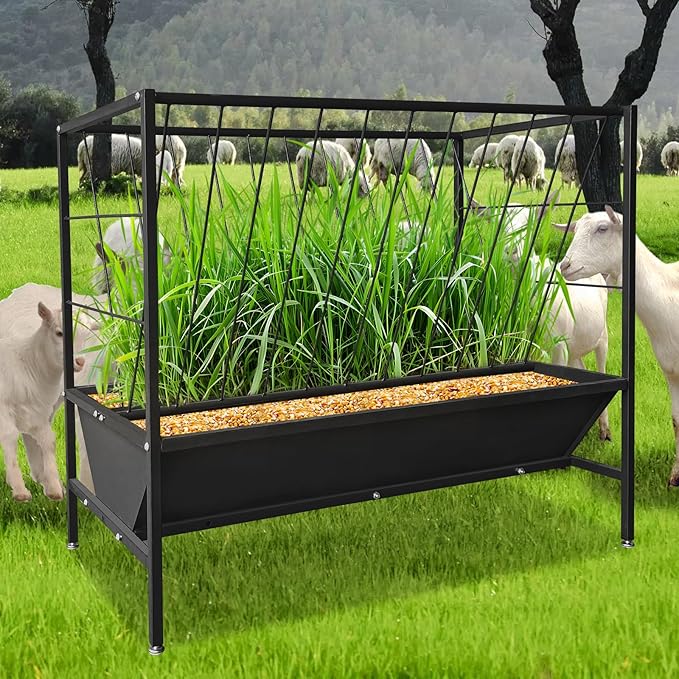 Garvee Pasture Hay Feeder 45 Gallon, Heavy-Duty Steel Hay Grain Livestock Feeder with 24 Gallon Feed Pan, Livestock Feeding Trough for Sheep, Goats, Calves, Cow, Horse, Black