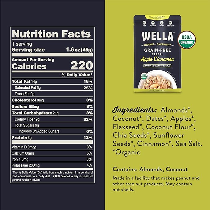 Wella Cereal Oatmeal Alternative, Gluten-Free Breakfast Hot Cereal, Grain-Free Paleo Organic Vegan High Protein Superfood, Plant-Based Non-GMO, Low in Net Carbs, Single-Serve Packets, Apple Cinnamon Flavor (10 Count, 1.6 oz. Packets)
