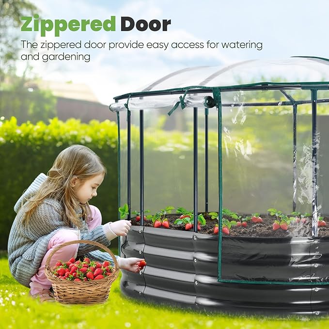 KING BIRD Raised Garden Bed with Cover Galvanized Oval Planter Garden Box Outdoor for Gardening, Vegetables, Flowers 47.2x35.4x11.8 in, Clear