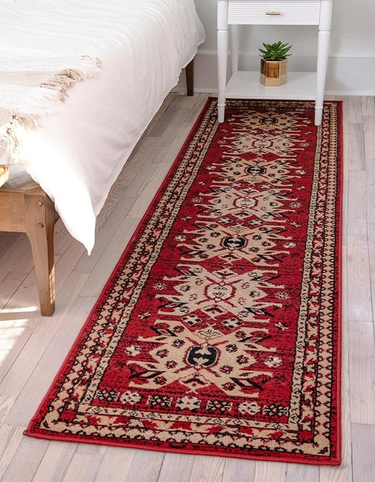 Unique Loom Taftan Collection Border Geometric Tribal Inspired Design Area Rug (2' 11 x 16' 5 Runner, Red/ Gold)
