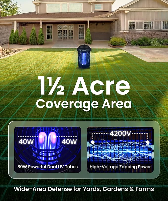 OWLTRA OMT-E80 In/Outdoor Electronic Insect Killer & Catcher Lamp for Mosquitoes, Gnats, Aedes Mosquitoes, Flies, Moths & More with 2*40W UV Light & 4200V High Voltage Grid, 1.5 Acre Coverage, Black