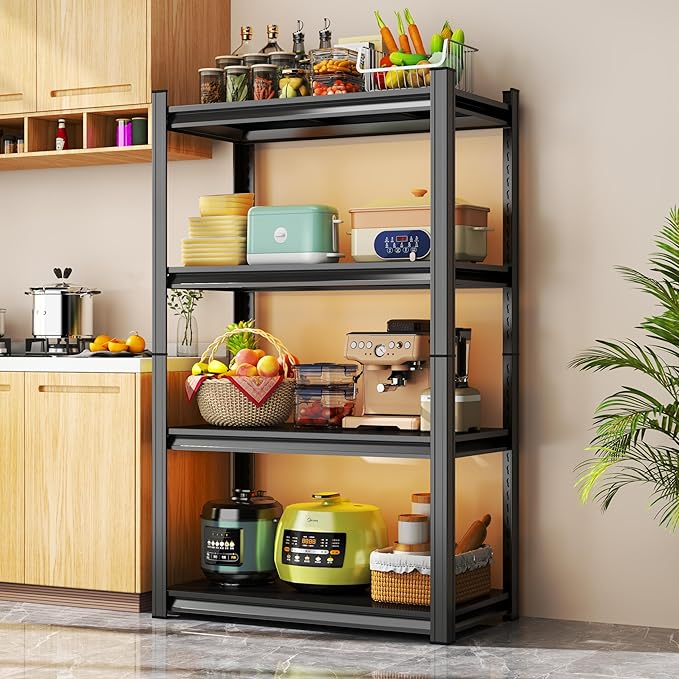 Storage Shelves, Garage Metal Shelving Unit, Adjustable, Double-Layer Column with Reinforced Ribs, Heavy-Duty, Capable of Bearing 600-3600 lbs (Black, 47''W*24''D*63''H, 4-Tier)