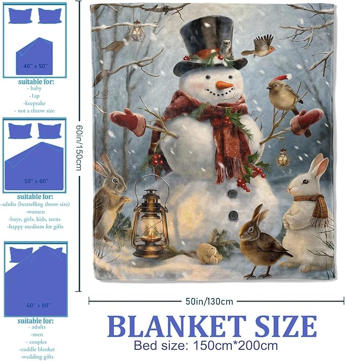 Snowman and Woodland Animals Throw Blanket 60"x80", Winter Scene Blankets for Living Room Bedroom Decor, Soft Flannel Polyester Warm Cozy for Kids Adults