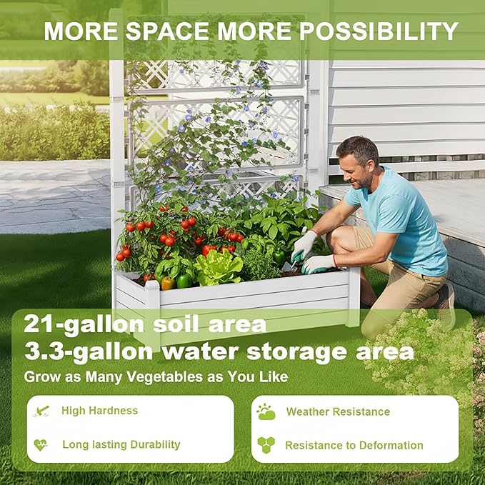 5.3' Tall Raised Garden Bed with Trellis, Outdoor Resin Plant Stand Planter Box with Drainage Plug for Veg/Fruits/Herb/Flower Best Choice for Backyard, Patio, Balcony (Ashen, 4 Pack)