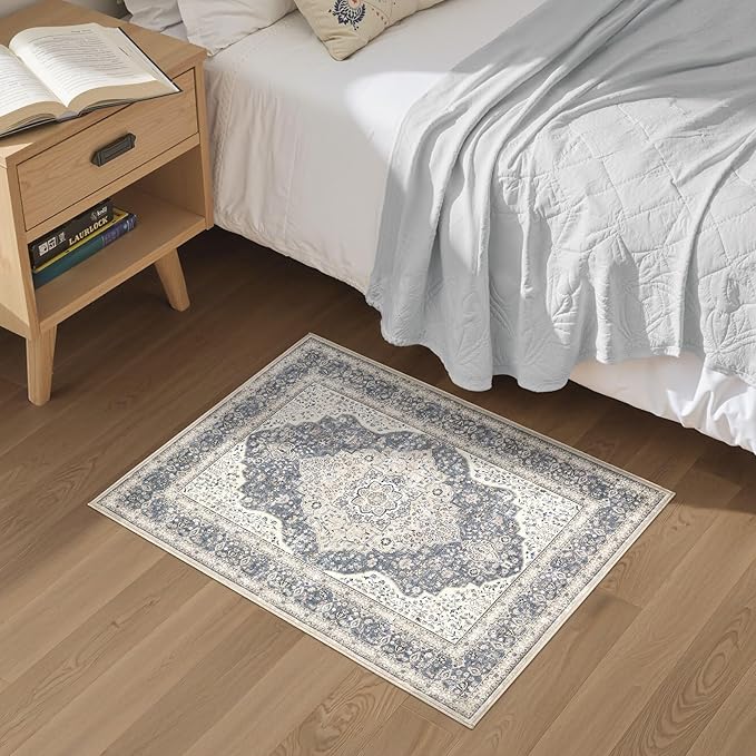 2x3 Washable Entryway Rug: Non-Slip Soft Indoor Throw Small Vintage Floral Area Rug for Kitchen Bedroom, Low Pile Durable Carpet for Front Door Porch Floor Doormat Home Decor (Blue/Beige)
