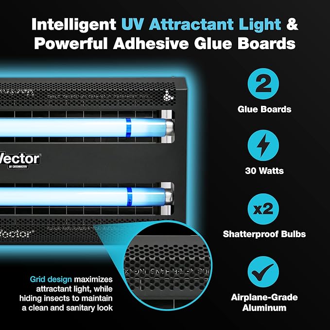 Catchmaster Vector 30, UV Light Fly Traps Indoor for Home, Electric Gnat Traps for House Indoor, Shatterproof Bulbs UV Lamp Fly, Insect & Mosquito Killer, Silent Bug Light for Kitchen, Shed, Garage