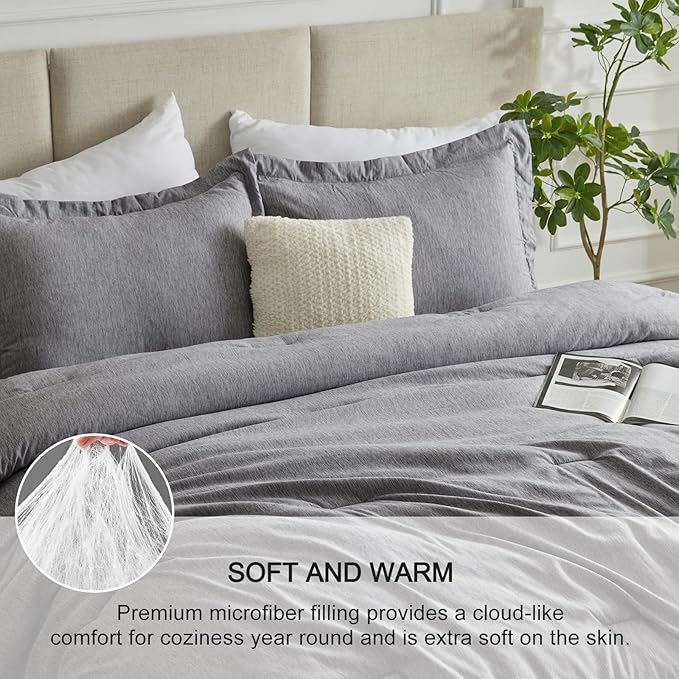 CozyLux Full Size Comforter Sets - 3 Pieces Grey Soft Luxury Cationic Dyeing Bedding Comforter for All Season, Gray Breathable Lightweight Fluffy Bed Set with 1 Comforter and 2 Pillow Shams