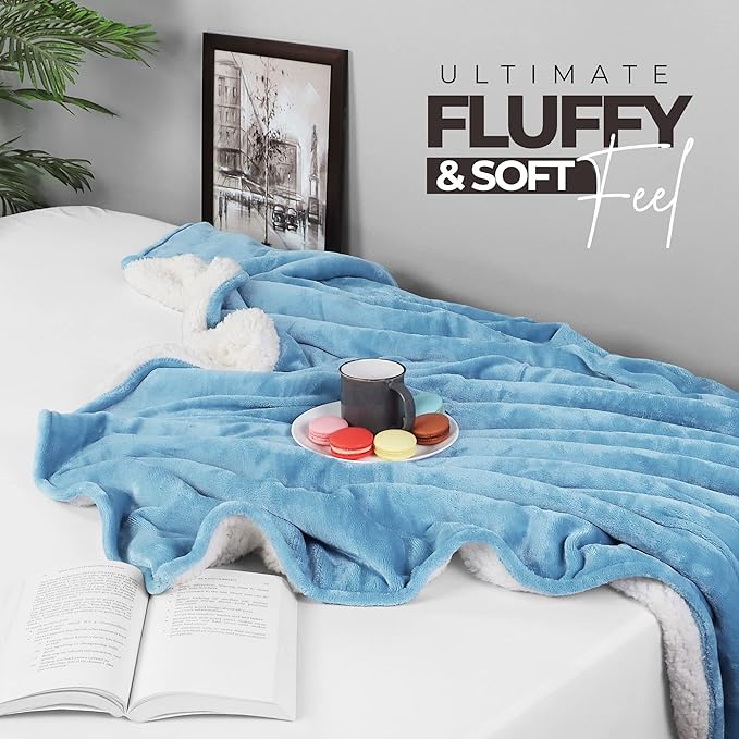 Utopia Bedding Sherpa Blanket King Size (Washed Blue, 90x102 Inches) - Soft Lightweight Plush Fleece Reversible Blanket for Bed, Sofa, Couch, Camping and Travel