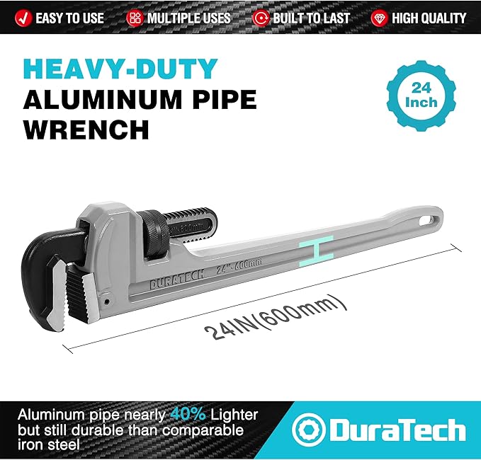 DURATECH 24-inch Heavy Duty Aluminum Straight Pipe Wrench, Adjustable Plumbing Wrench, Drop Forged, Exceed GGG standard