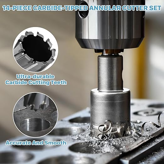KEENTECH 14-PC Carbide-Tipped Annular Cutter Set, 7/16" to 1-1/16" Cutting Diameter, 1-3/8" Cutting Depth, 1/4" Weldon Shank Mag Drill Bits Kit, 3pcs Pilot Pins& 1pc Hex Wrench Included