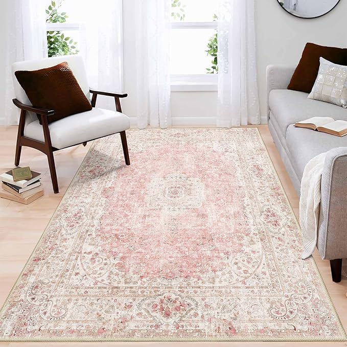 Pink Rug 4'x6.5',Washable Area Rugs for Bedroom Living Room Kitchen Entryway,Small Boho Vintage Bohemian Distressed Non Slip Carpet,Blush