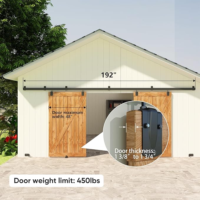 JUBEST 16FT Box Rail Exterior Barn Door Hardware Kit, Heavy Duty Sliding Door Track Kit Wall Mount Door Hardware Kit for Two Doors System(Doors Not Included), Black