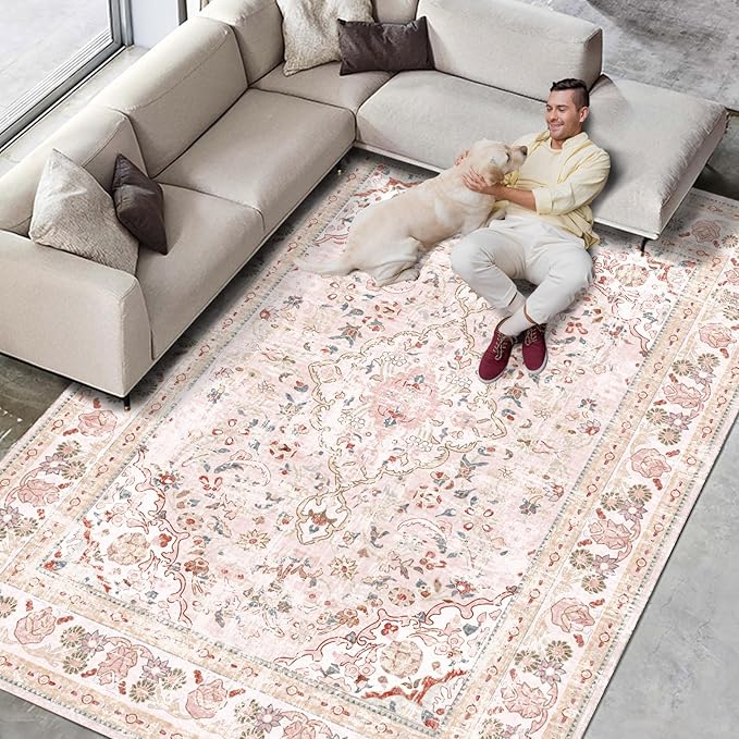 Vhong Pink Area Rugs Washable Boho Vintage Modern Neutral Large Carpet 5×7 High Traffic Rugs for Dinning Room Living Room Bedroom Girls' Room Nursery Room Non Slip
