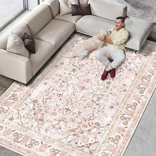 Vhong Pink Area Rugs Washable Boho Vintage Modern Neutral Large Carpet 5×7 High Traffic Rugs for Dinning Room Living Room Bedroom Girls' Room Nursery Room Non Slip