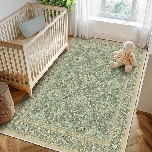 Sage Green 5x8 Area Rug, Non Slip Washable Rugs for Living Room Bedroom Low Pile Thin Soft, Boho Floral Moroccan Pattern Printed Carpet Rug for Nursery Playroom Dining Room Home Office