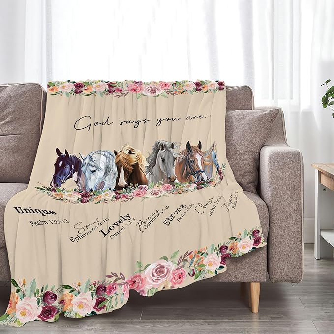 God Says You Are Horse Decor Throw Blanket - Super Warm Soft Plush Lightweight Fleece Flannel Bible Verse Blanket for Women, Girls, Boys, Men, Kids - Winter Couch Bedding - 50"X60"