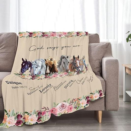 God Says You Are Horse Decor Throw Blanket - Super Warm Soft Plush Lightweight Fleece Flannel Bible Verse Blanket for Women, Girls, Boys, Men, Kids - Winter Couch Bedding - 50"X60"