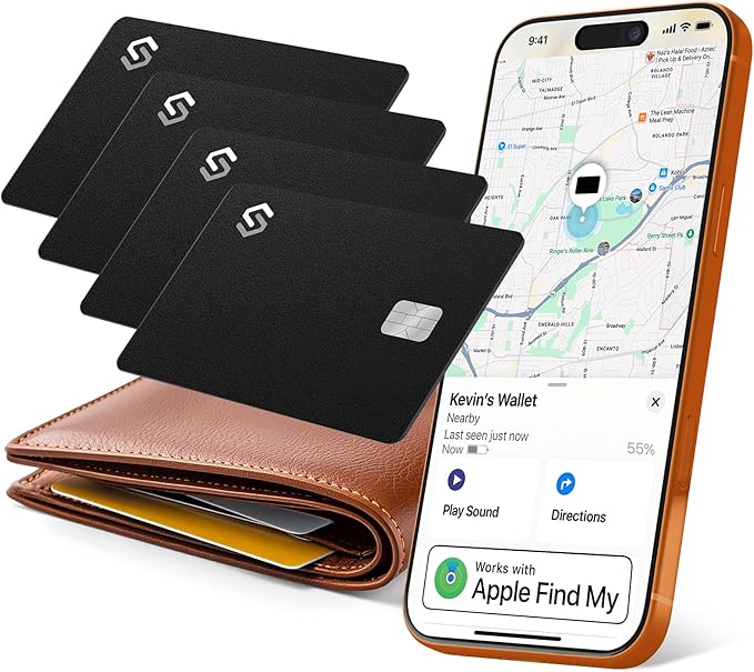 Wallet Tracker Card - Apple MFI Certified & Works with Apple Find My Tracking Card for Wallet Tag Rechargeable IP68 Waterproof 0.07in Slim Item Finder (Black PRO (Pack of 4))