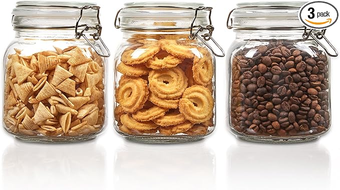 Vtopmart 34oz Glass Food Storage Jars with Airtight Clamp Lids, 3 Pack Kitchen Canisters for Flour, Cereal, Coffee, Pasta and Canning, Square Mason Jar with 8 Chalkboard Labels