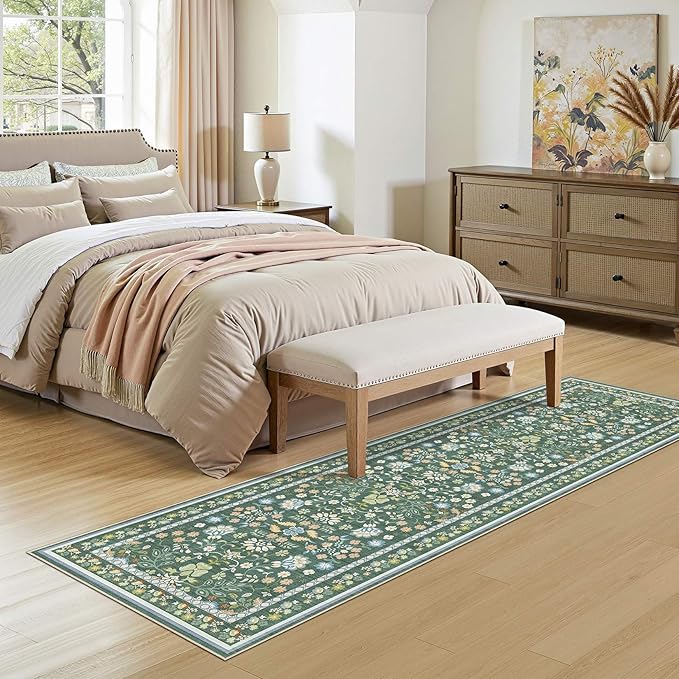 Runner Rug for Hallways Kitchen: 2x6 Washable Area Rug Boho Floral Soft Long Rug - Non-Slip Low Pile Throw Indoor Carpet for Entryway Kitchen Bedroom Laundry Bathroom - Green