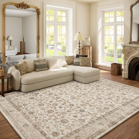 Washable Area Rugs for Living Room: 6x9 Bedroom Rug Boho Vintage Area Rug Stain Resistant Non Slip Low Pile Lightweight Soft Carpets for Dining Room Kitchen Nursery Kids Room Playroom Home Office