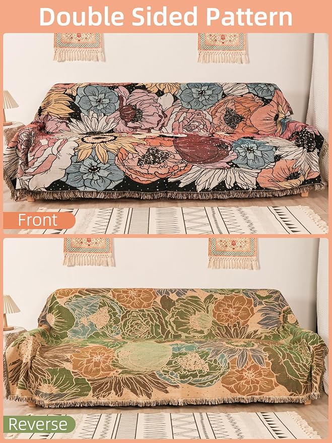 Boho Throw Blanket for Bed Couch Sofa Reversible Cotton Bohemian Travel Boho Quilt Mexican Muslin Blanket Tapestry Hippie Room Decor Outdoor Blanket Double Sided (Boho Flower Dark 60"x80")
