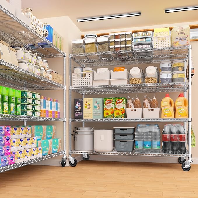 PrimeZone 4 Tier 55.5" Wx24 Dx76 H Wire Shelving with Wheels 2400lbs NSF Certified Storage Shelves Heavy Duty Metal Shelf Adjustable Rolling Rack Commercial Garage Restaurant Warehouse Chrome 4Pack