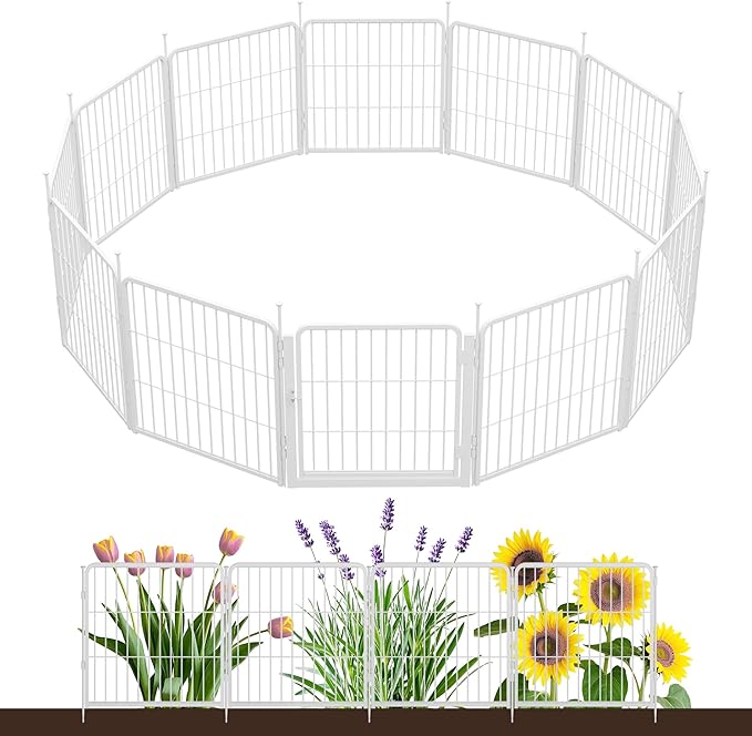 SunsGrove Garden Fence with Gate, 24 in(H) x 22.2 ft(L) 12 Panels Heavy Duty Metal Animal Barrier Fence for Yard, Suitable for Indoor or Outdoor Dog Pet Fence, Garden Fence Border, White