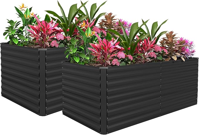 FOOWIN 2pcs 6x3x3ft Galvanized Raised Garden Bed, Planter Raised Garden Boxes Outdoor, Large Metal Raised Beds for Gardening, Garden Bed for Vegetables, Flowers, Herb, Black