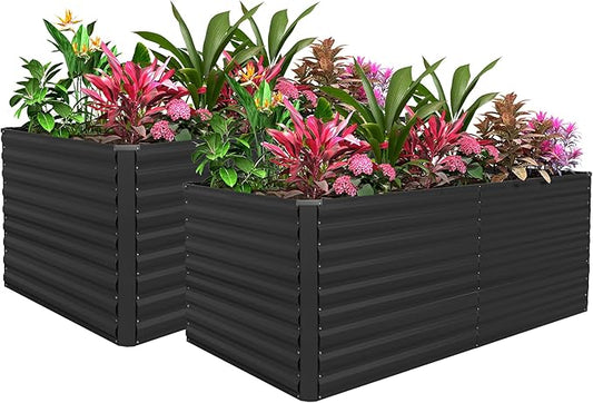 FOOWIN 2pcs 6x3x3ft Galvanized Raised Garden Bed, Planter Raised Garden Boxes Outdoor, Large Metal Raised Beds for Gardening, Garden Bed for Vegetables, Flowers, Herb, Black
