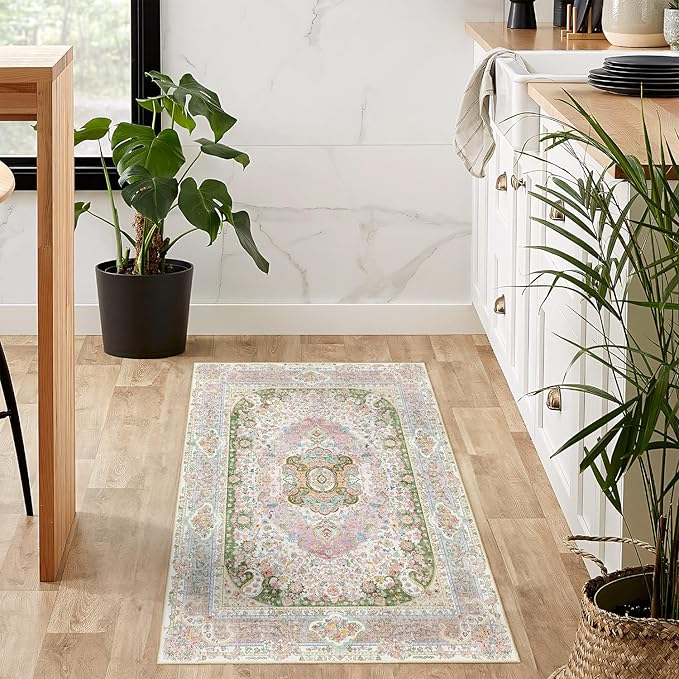 Small Rugs 2x3,Pink Rug for Entryway Bathroom Bedroom Kitchen Entrance Doormat,Boho Vintage Bohemian Distressed Washable Accent Floor Throw Carpet Non Slip,Blush Green