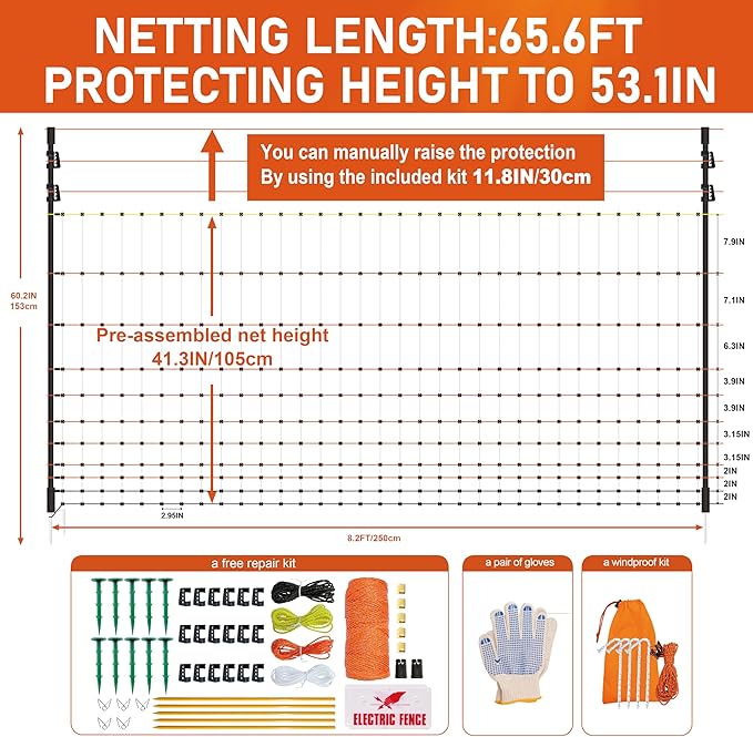 Poultry Electric Netting Fence - 41.3''H (can be Manually Raised to 53.1''H) x 65.6'L for Flying Chicken, Sheep, Goats in Farms, Ranches and Gardens, PK1